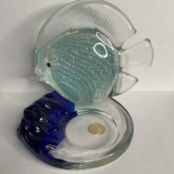VTG PartyLite Art Glass Sparkly Blue Tropical Fish Tea Light Candle Holder 4" T - Picture 10 of 12